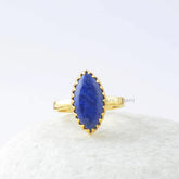 Lapis Silver Ring, Lapis Lazuli 8x16mm Marquise 18k Gold Plated Gemstone Ring, 925 Sterling Silver Ring, Zig Zag Bezel Ring, Gift For Wife